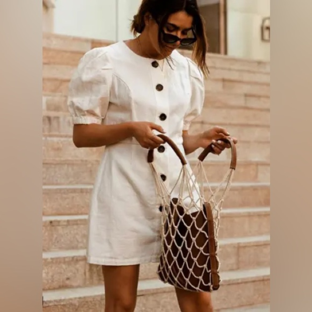 Zara Woman Linen Blend Puff Sleeve A Line Mini Dress